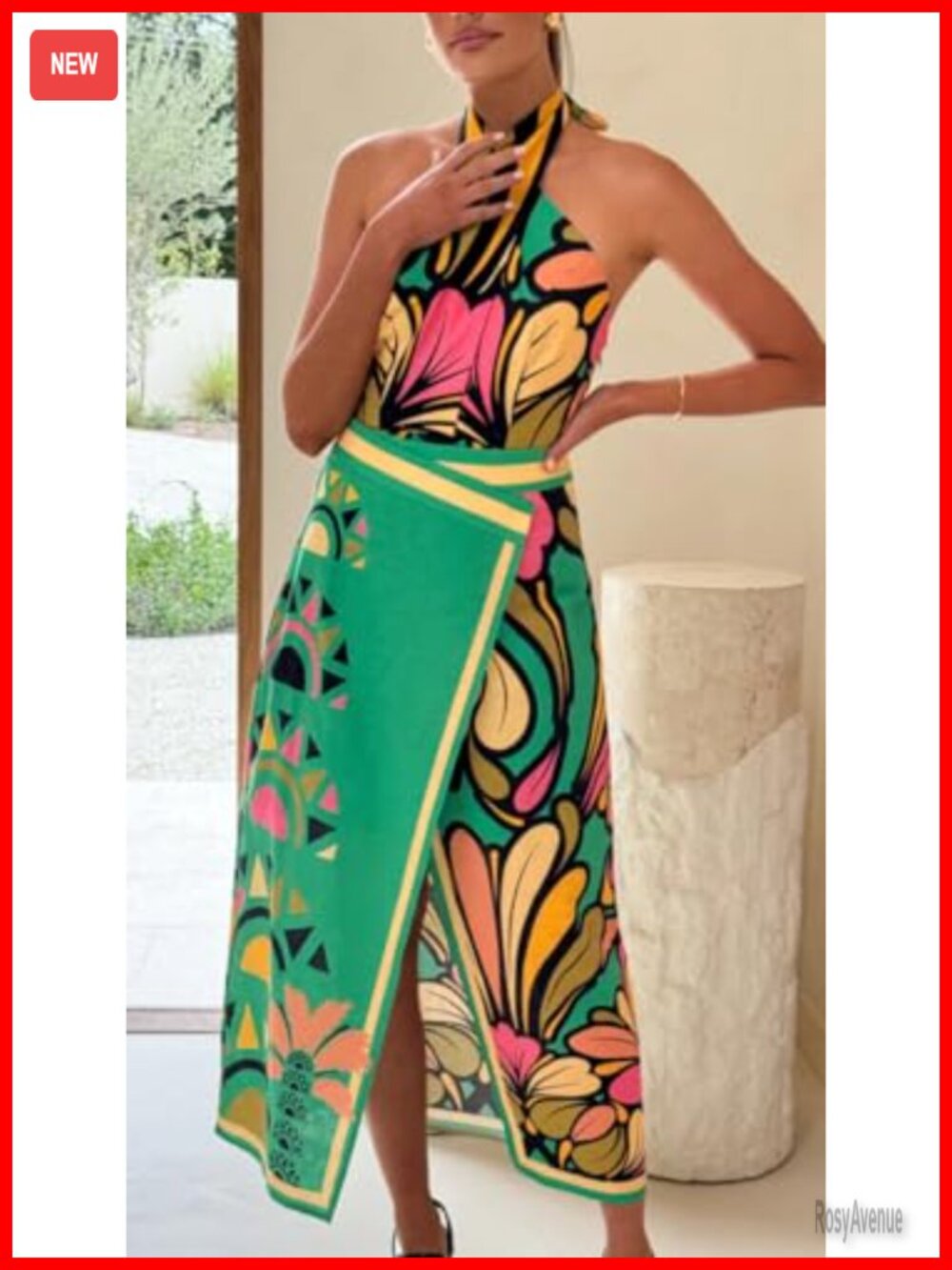 Floral Print Midi Skirt High Waist Front Split Casual Summer - Picture 3 of 4
